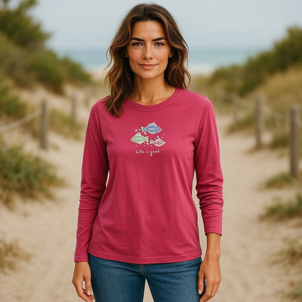 Life is Good Womens Small Long Sleeve Mauve Pink Tee Fish